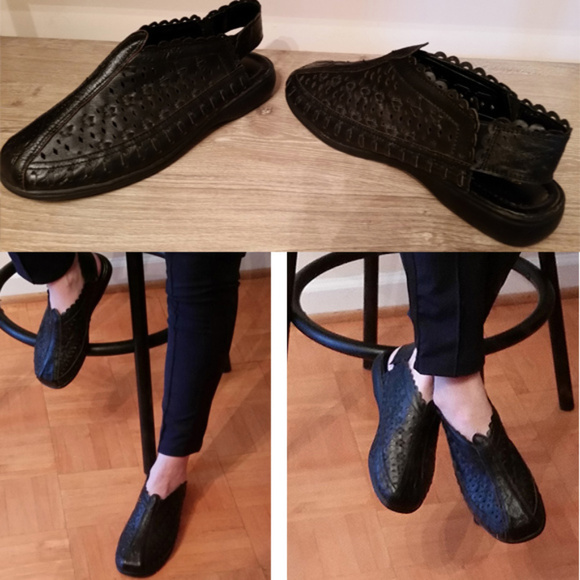 ANGEL steps perforated leather sling back black sandals 7W casual comfort. - Picture 2 of 7